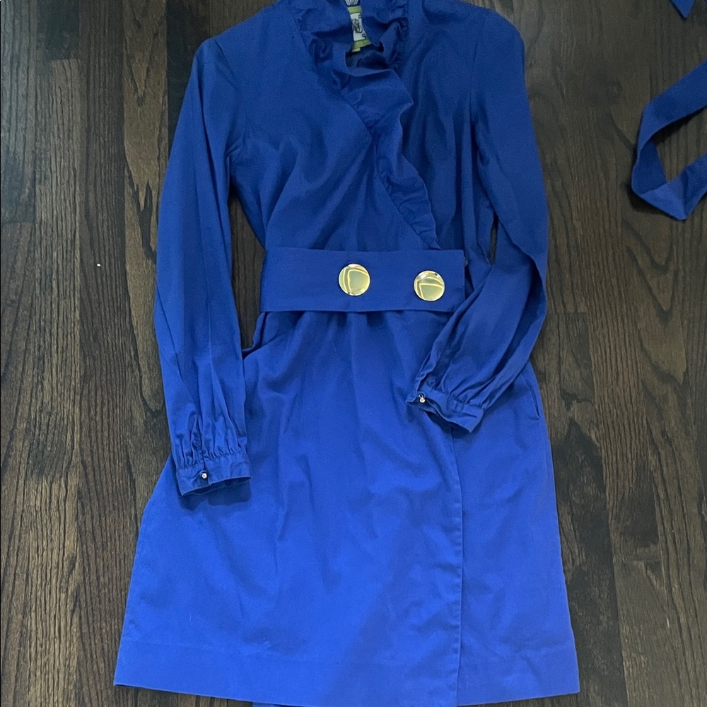 Elizabeth McKay Cobalt Blue Scotland Dress with Gold Button Belt